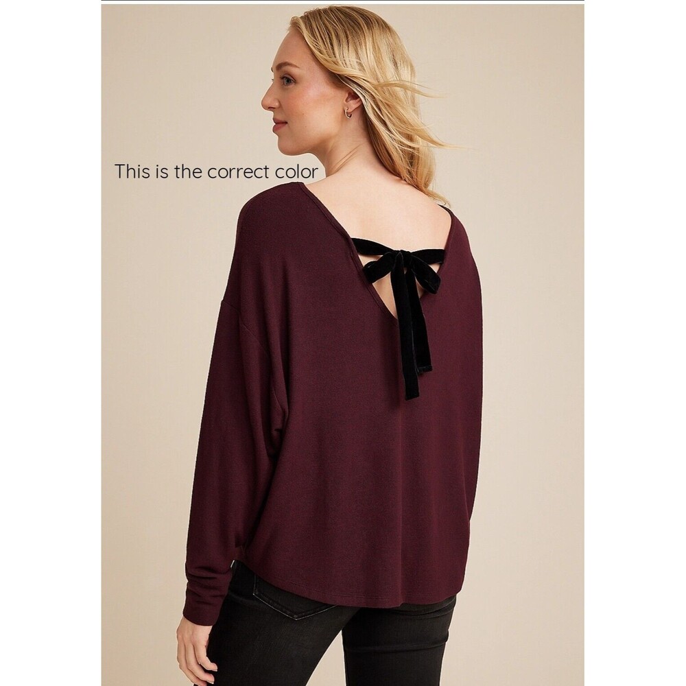 Maurices Shirt, Women's Plus Size 1X, Burgandy, V-neck, Long Sleeve  Bow In Back